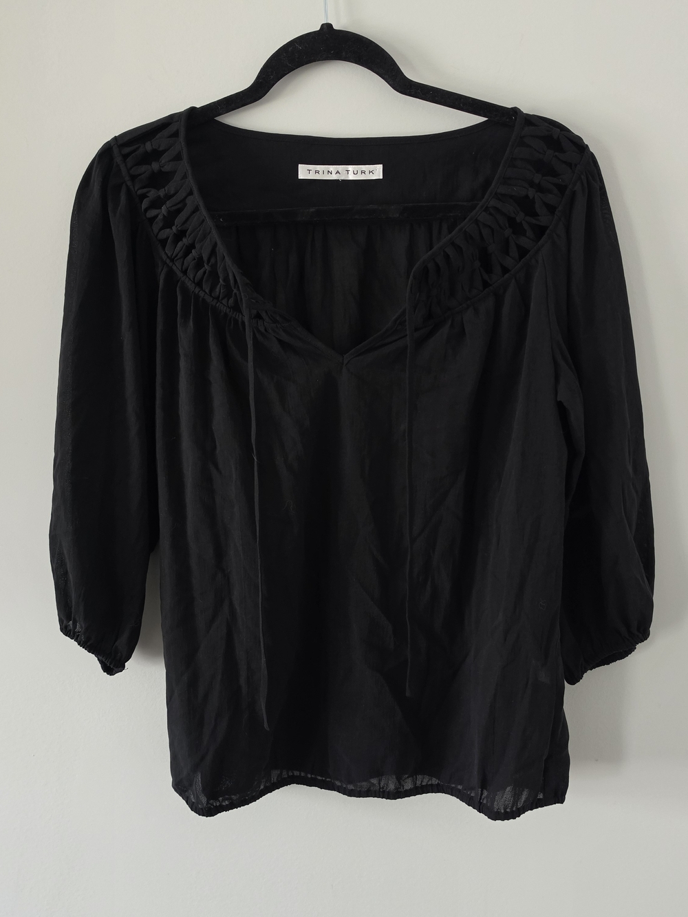 Trina Turk Black Peasant Smocked V-Neck Blouse Size S